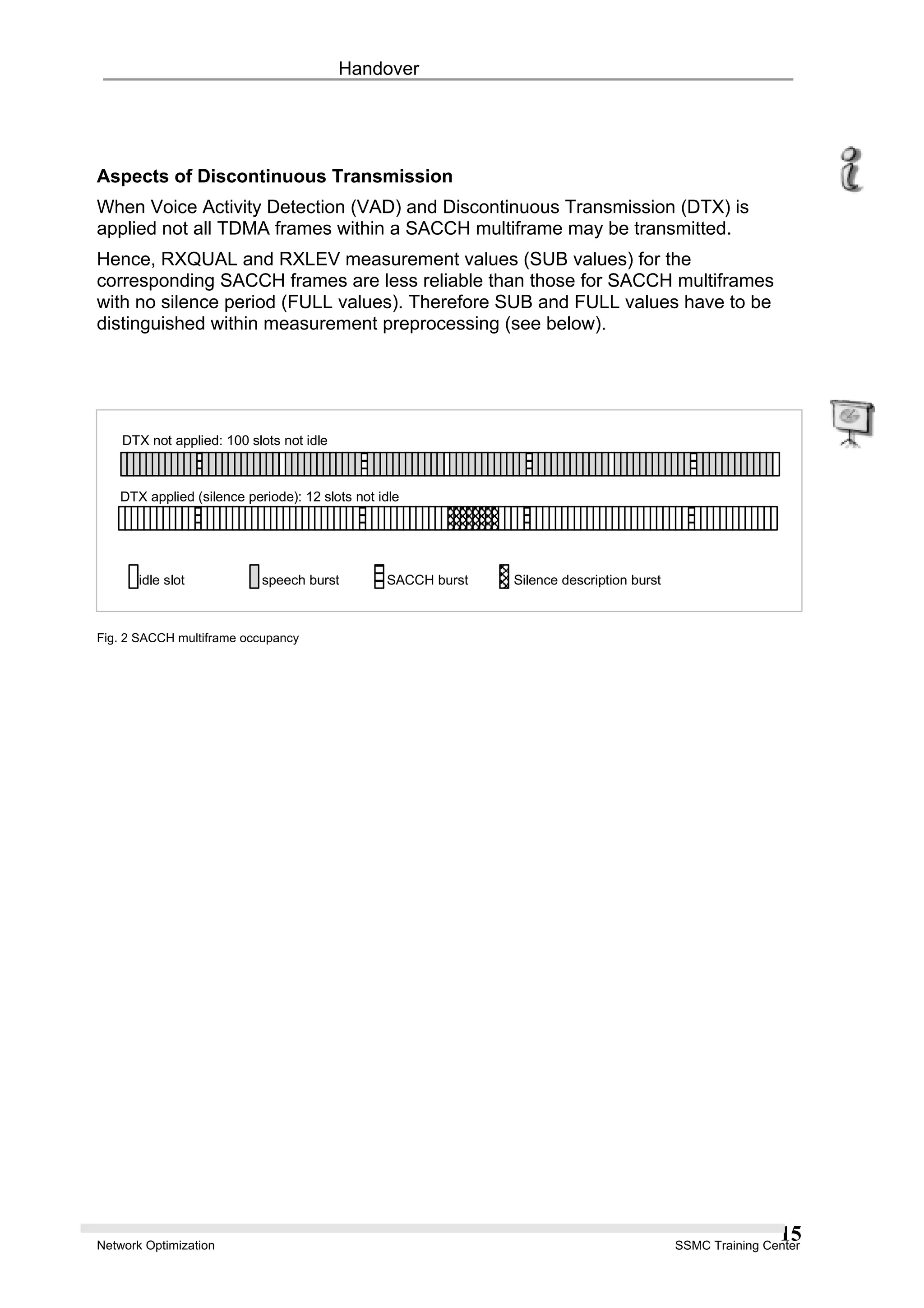 Handover
Aspects of Discontinuous Transmission
When Voice Activity Detection (VAD) and Discontinuous Transmission (DTX) is
applied not all TDMA frames within a SACCH multiframe may be transmitted.
Hence, RXQUAL and RXLEV measurement values (SUB values) for the
corresponding SACCH frames are less reliable than those for SACCH multiframes
with no silence period (FULL values). Therefore SUB and FULL values have to be
distinguished within measurement preprocessing (see below).
DTX not applied: 100 slots not idle
DTX applied (silence periode): 12 slots not idle
Silence description burstSACCH burstspeech burstidle slot
Fig. 2 SACCH multiframe occupancy
Network Optimization SSMC Training Center
15
 