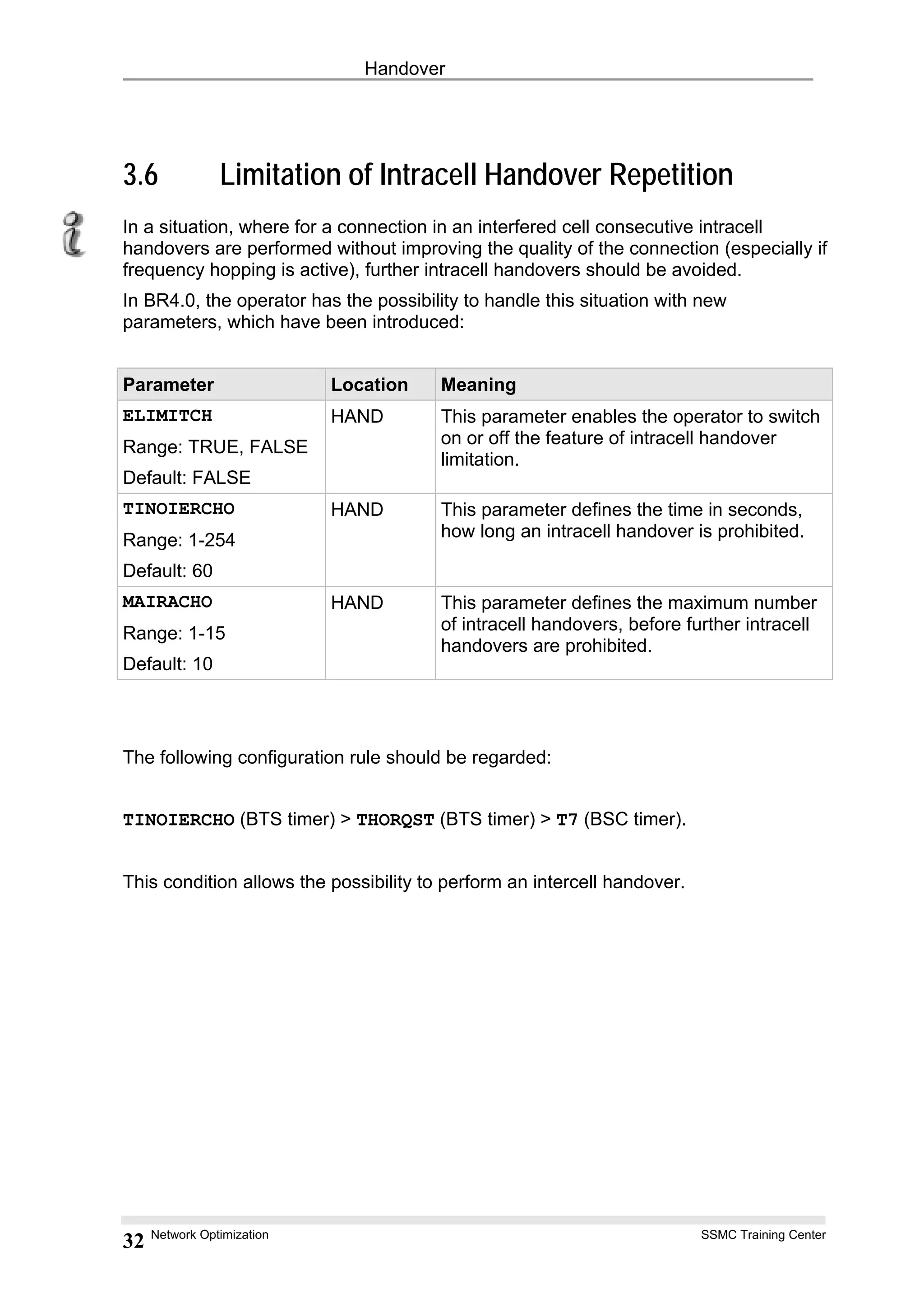 Handover
3.6 Limitation of Intracell Handover Repetition
In a situation, where for a connection in an interfered cell consecutive intracell
handovers are performed without improving the quality of the connection (especially if
frequency hopping is active), further intracell handovers should be avoided.
In BR4.0, the operator has the possibility to handle this situation with new
parameters, which have been introduced:
Parameter Location Meaning
ELIMITCH
Range: TRUE, FALSE
Default: FALSE
HAND This parameter enables the operator to switch
on or off the feature of intracell handover
limitation.
TINOIERCHO
Range: 1-254
Default: 60
HAND This parameter defines the time in seconds,
how long an intracell handover is prohibited.
MAIRACHO
Range: 1-15
Default: 10
HAND This parameter defines the maximum number
of intracell handovers, before further intracell
handovers are prohibited.
The following configuration rule should be regarded:
TINOIERCHO (BTS timer) > THORQST (BTS timer) > T7 (BSC timer).
This condition allows the possibility to perform an intercell handover.
Network Optimization SSMC Training Center
32
 
