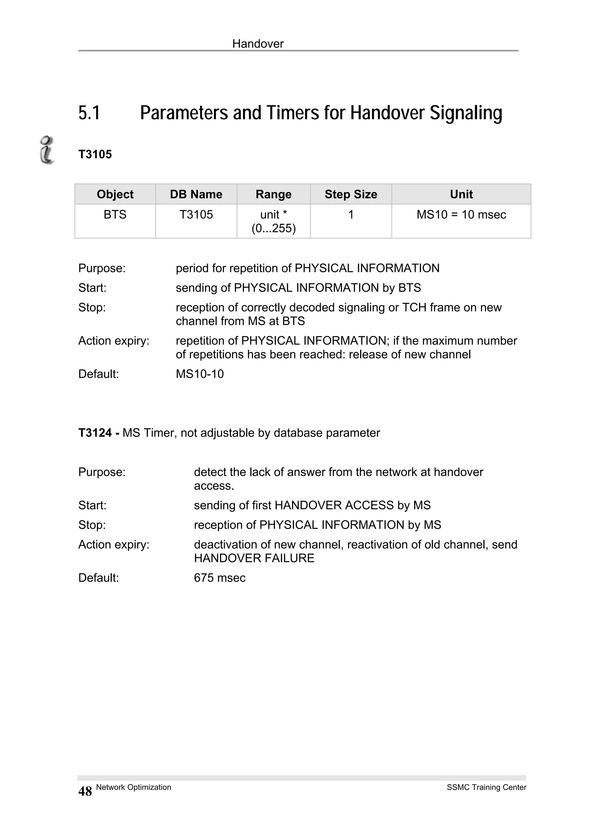 Handover
5.1 Parameters and Timers for Handover Signaling
T3105
Object DB Name Range Step Size Unit
BTS T3105 unit *
(0...255)
1 MS10 = 10 msec
Purpose: period for repetition of PHYSICAL INFORMATION
Start: sending of PHYSICAL INFORMATION by BTS
Stop: reception of correctly decoded signaling or TCH frame on new
channel from MS at BTS
Action expiry: repetition of PHYSICAL INFORMATION; if the maximum number
of repetitions has been reached: release of new channel
Default: MS10-10
T3124 - MS Timer, not adjustable by database parameter
Purpose: detect the lack of answer from the network at handover
access.
Start: sending of first HANDOVER ACCESS by MS
Stop: reception of PHYSICAL INFORMATION by MS
Action expiry: deactivation of new channel, reactivation of old channel, send
HANDOVER FAILURE
Default: 675 msec
Network Optimization SSMC Training Center
48
 