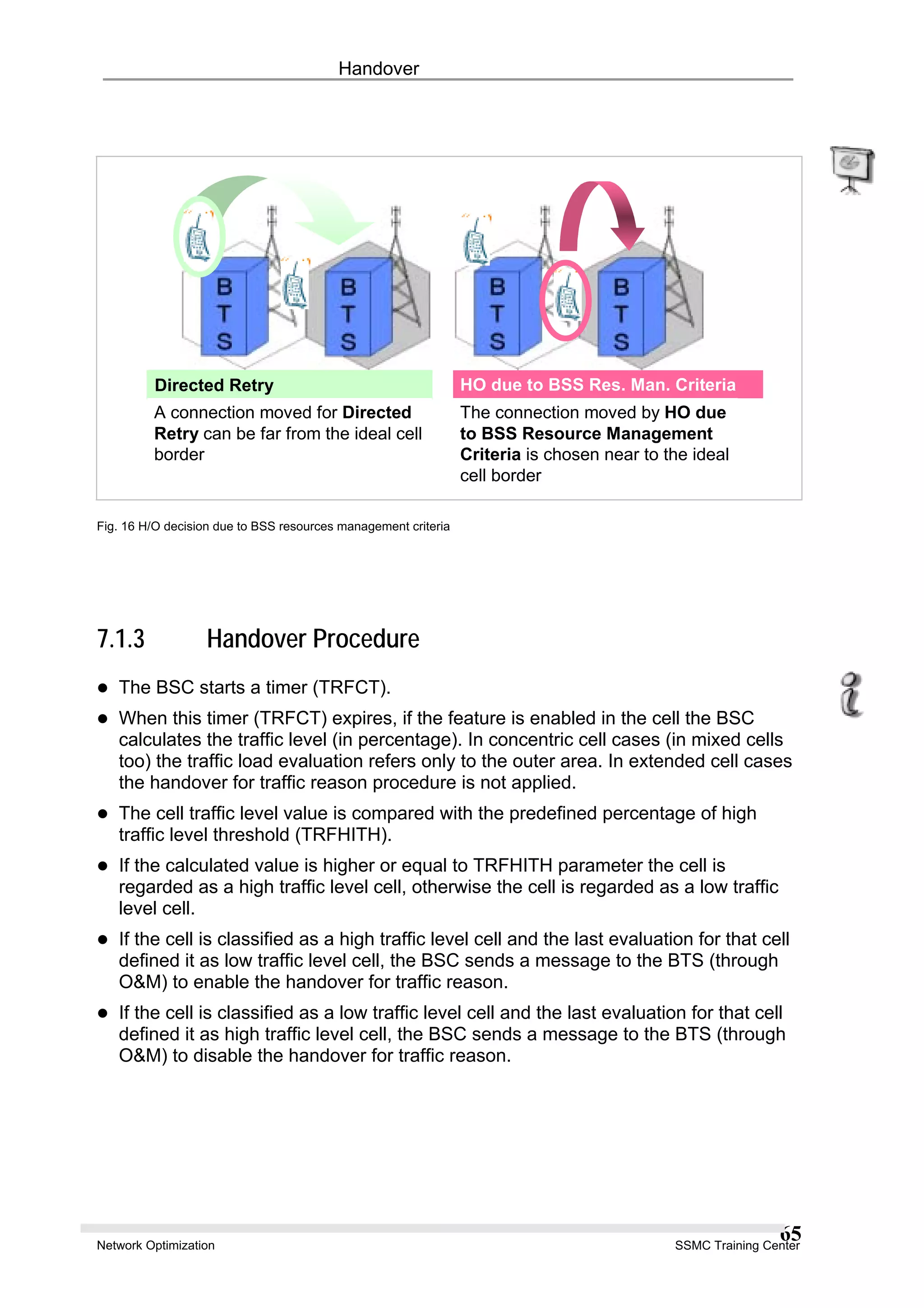 Handover
Directed Retry
A connection moved for Directed
Retry can be far from the ideal cell
border
HO due to BSS Res. Man. Criteria
The connection moved by HO due
to BSS Resource Management
Criteria is chosen near to the ideal
cell border
Fig. 16 H/O decision due to BSS resources management criteria
7.1.3 Handover Procedure
The BSC starts a timer (TRFCT).
When this timer (TRFCT) expires, if the feature is enabled in the cell the BSC
calculates the traffic level (in percentage). In concentric cell cases (in mixed cells
too) the traffic load evaluation refers only to the outer area. In extended cell cases
the handover for traffic reason procedure is not applied.
The cell traffic level value is compared with the predefined percentage of high
traffic level threshold (TRFHITH).
If the calculated value is higher or equal to TRFHITH parameter the cell is
regarded as a high traffic level cell, otherwise the cell is regarded as a low traffic
level cell.
If the cell is classified as a high traffic level cell and the last evaluation for that cell
defined it as low traffic level cell, the BSC sends a message to the BTS (through
O&M) to enable the handover for traffic reason.
If the cell is classified as a low traffic level cell and the last evaluation for that cell
defined it as high traffic level cell, the BSC sends a message to the BTS (through
O&M) to disable the handover for traffic reason.
Network Optimization SSMC Training Center
65
 