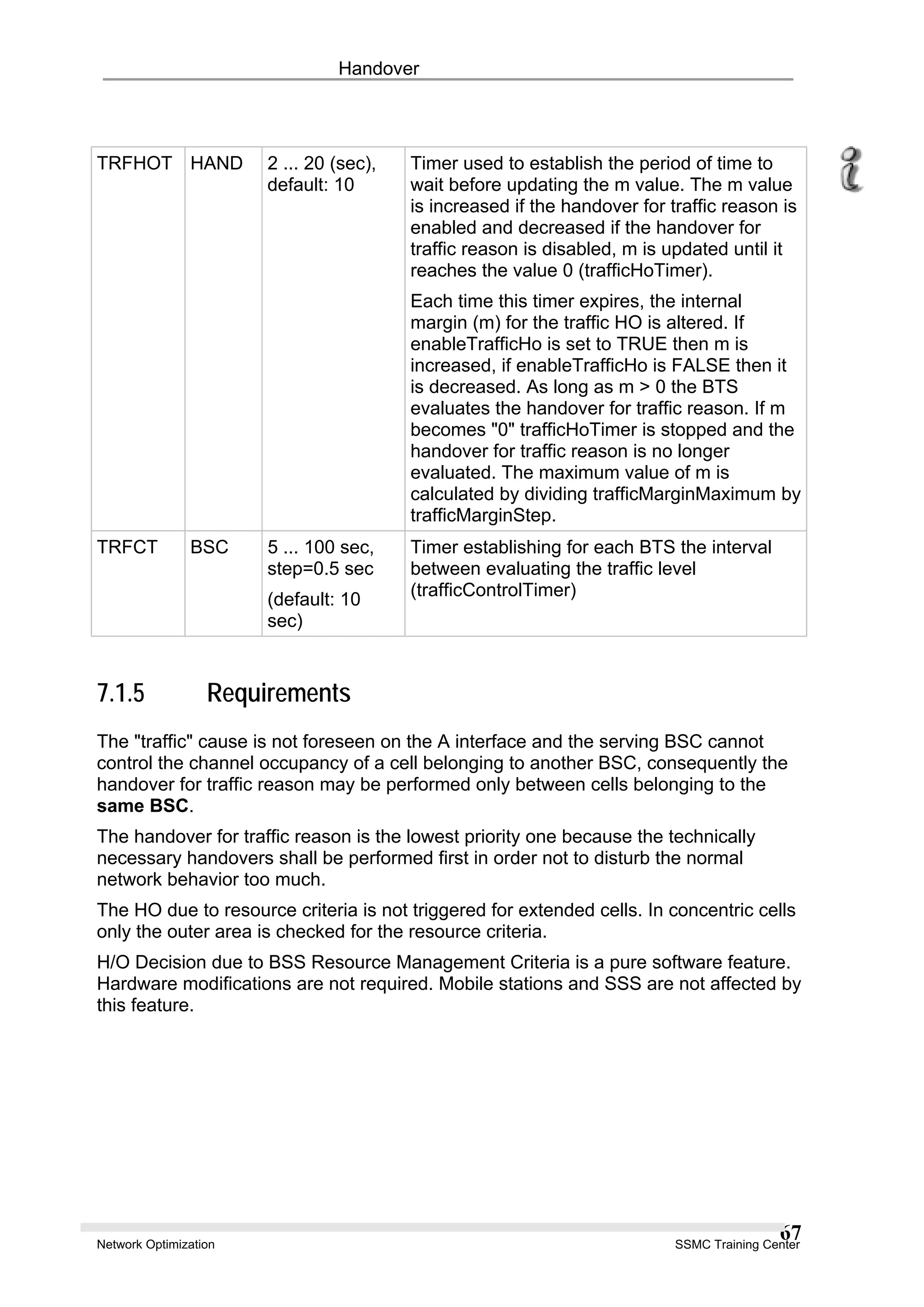 Handover
TRFHOT HAND 2 ... 20 (sec),
default: 10
Timer used to establish the period of time to
wait before updating the m value. The m value
is increased if the handover for traffic reason is
enabled and decreased if the handover for
traffic reason is disabled, m is updated until it
reaches the value 0 (trafficHoTimer).
Each time this timer expires, the internal
margin (m) for the traffic HO is altered. If
enableTrafficHo is set to TRUE then m is
increased, if enableTrafficHo is FALSE then it
is decreased. As long as m > 0 the BTS
evaluates the handover for traffic reason. If m
becomes "0" trafficHoTimer is stopped and the
handover for traffic reason is no longer
evaluated. The maximum value of m is
calculated by dividing trafficMarginMaximum by
trafficMarginStep.
TRFCT BSC 5 ... 100 sec,
step=0.5 sec
(default: 10
sec)
Timer establishing for each BTS the interval
between evaluating the traffic level
(trafficControlTimer)
7.1.5 Requirements
The "traffic" cause is not foreseen on the A interface and the serving BSC cannot
control the channel occupancy of a cell belonging to another BSC, consequently the
handover for traffic reason may be performed only between cells belonging to the
same BSC.
The handover for traffic reason is the lowest priority one because the technically
necessary handovers shall be performed first in order not to disturb the normal
network behavior too much.
The HO due to resource criteria is not triggered for extended cells. In concentric cells
only the outer area is checked for the resource criteria.
H/O Decision due to BSS Resource Management Criteria is a pure software feature.
Hardware modifications are not required. Mobile stations and SSS are not affected by
this feature.
Network Optimization SSMC Training Center
67
 