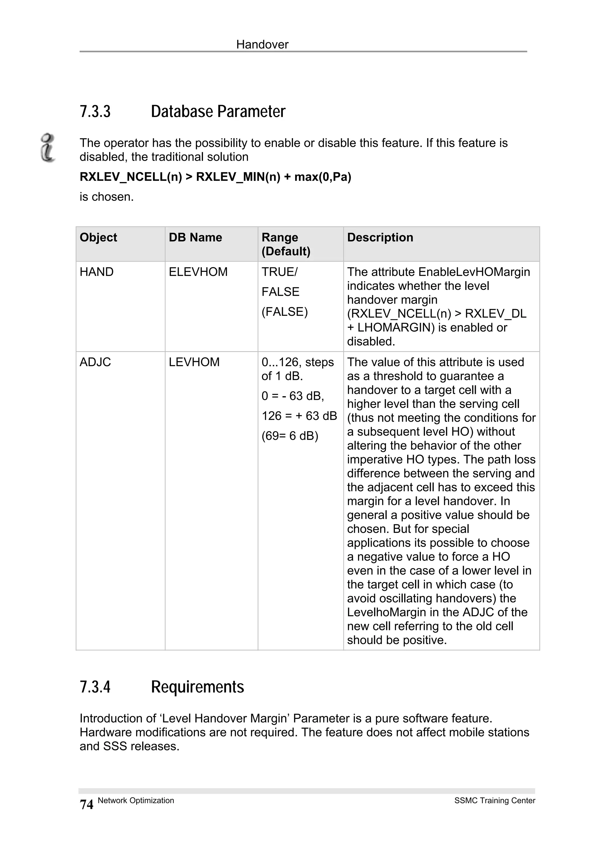 Handover
7.3.3 Database Parameter
The operator has the possibility to enable or disable this feature. If this feature is
disabled, the traditional solution
RXLEV_NCELL(n) > RXLEV_MIN(n) + max(0,Pa)
is chosen.
Object DB Name Range
(Default)
Description
HAND ELEVHOM TRUE/
FALSE
(FALSE)
The attribute EnableLevHOMargin
indicates whether the level
handover margin
(RXLEV_NCELL(n) > RXLEV_DL
+ LHOMARGIN) is enabled or
disabled.
ADJC LEVHOM 0...126, steps
of 1 dB.
0 = - 63 dB,
126 = + 63 dB
(69= 6 dB)
The value of this attribute is used
as a threshold to guarantee a
handover to a target cell with a
higher level than the serving cell
(thus not meeting the conditions for
a subsequent level HO) without
altering the behavior of the other
imperative HO types. The path loss
difference between the serving and
the adjacent cell has to exceed this
margin for a level handover. In
general a positive value should be
chosen. But for special
applications its possible to choose
a negative value to force a HO
even in the case of a lower level in
the target cell in which case (to
avoid oscillating handovers) the
LevelhoMargin in the ADJC of the
new cell referring to the old cell
should be positive.
7.3.4 Requirements
Introduction of ‘Level Handover Margin’ Parameter is a pure software feature.
Hardware modifications are not required. The feature does not affect mobile stations
and SSS releases.
Network Optimization SSMC Training Center
74
 