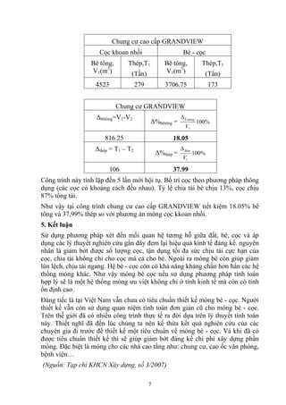 Chung cư cao cấp GRANDVIEW
Cọc khoan nhồi Bè - cọc
Bê tông,
V1(m3
)
Thép,T1
(Tấn)
Bê tông,
V1(m3
)
Thép,T1
(Tấn)
4523 279 3706.75 173
Chung cư GRANDVIEW
Δbêtông=V1-V2
Δ%bêtông = %100
1V
etongbΔ
816.25 18.05
Δthép = T1 – T2
Δ%thép = %100
1V
thepΔ
106 37.99
Công trình này tính lặp đến 5 lần mới hội tụ. Bố trí cọc theo phương pháp thông
dụng (các cọc có khoảng cách đều nhau). Tỷ lệ chia tải bè chịu 13%, cọc chịu
87% tổng tải.
Như vậy tại công trình chung cư cao cấp GRANDVIEW tiết kiệm 18.05% bê
tông và 37,99% thép so với phương án móng cọc kkoan nhồi.
5. Kết luận
Sử dụng phương pháp xét đến mối quan hệ tương hỗ giữa đất, bè, cọc và áp
dụng các lý thuyết nghiên cứu gần đây đem lại hiệu quả kinh tế đáng kể. nguyên
nhân là giảm bớt được số lượng cọc, tận dụng tối đa sức chịu tải cực hạn của
cọc, chia tải không chỉ cho cọc mà cả cho bè. Ngoài ra móng bè còn giúp giảm
lún lệch, chịu tải ngang. Hệ bè - cọc còn có khả năng kháng chấn hơn hẳn các hệ
thống móng khác. Như vậy móng bè cọc nếu sử dụng phương pháp tính toán
hợp lý sẽ là một hệ thống móng ưu việt không chỉ ở tính kinh tế mà còn có tính
ổn định cao.
Đáng tiếc là tại Việt Nam vẫn chưa có tiêu chuẩn thiết kế móng bè - cọc. Người
thiết kế vẫn còn sử dụng quan niệm tính toán đơn giản cũ cho móng bè - cọc.
Trên thế giới đã có nhiều công trình thực tế ra đời dựa trên lý thuyết tính toán
này. Thiết nghĩ đã đến lúc chúng ta nên kế thừa kết quả nghiên cứu của các
chuyên gia đi trước để thiết kế một tiêu chuẩn về móng bè - cọc. Và khi đã có
được tiêu chuẩn thiết kế thì sẽ giúp giảm bớt đáng kể chi phí xây dựng phần
móng. Đặc biệt là móng cho các nhà cao tầng như: chung cư, cao ốc văn phòng,
bệnh viện…
(Nguồn: Tạp chí KHCN Xây dựng, số 3/2007)
7
 