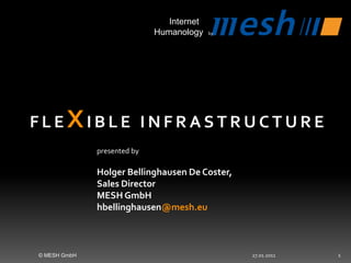 27.01.2011 © MESH GmbH 1 Flexible Infrastructure 	presentedbyHolger Bellinghausen De Coster,  	Sales Director 	MESH GmbHhbellinghausen@mesh.eu 