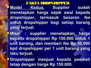 FAKTA DROPSHIPPER
Model Kedua, Supplier sudah
menetapkan harga sejak awal kepada
dropshipper, termasuk besaran fee
untuk ...