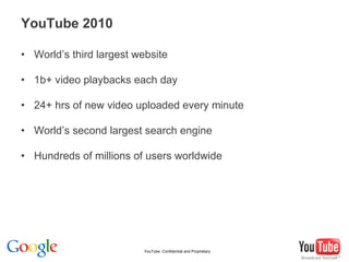 YouTube 2010 <ul><li>World’s third largest website </li></ul><ul><li>1b+ video playbacks each day </li></ul><ul><li>24+ hr...
