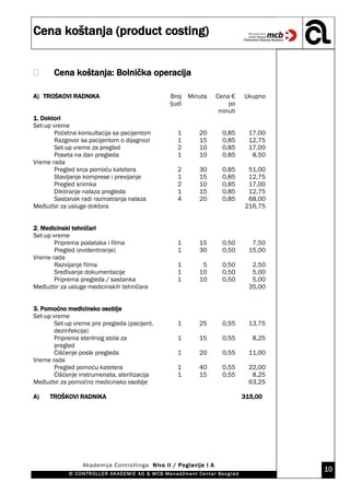 Cena koštanja (product costing)
Akademija Controllinga Nivo II / Poglavlje I A
10
© CONTROLLER AKADEMIE AG & MCB-Menadžment Centar Beograd
 Cena koštanja: Bolnička operacija
A) TROŠKOVI RADNIKA Broj
ljudi
Minuta Cena €
po
minuti
Ukupno
1. Doktori
Set-up vreme
Početna konsultacija sa pacijentom 1 20 0,85 17,00
Razgovor sa pacijentom o dijagnozi 1 15 0,85 12,75
Set-up vreme za pregled 2 10 0,85 17,00
Poseta na dan pregleda 1 10 0,85 8,50
Vreme rada
Pregled srca pomoću katetera 2 30 0,85 51,00
Stavljanje komprese i previjanje 1 15 0,85 12,75
Pregled snimka 2 10 0,85 17,00
Diktiranje nalaza pregleda 1 15 0,85 12,75
Sastanak radi razmatranja nalaza 4 20 0,85 68,00
Međuzbir za usluge doktora 216,75
2. Medicinski tehničari
Set-up vreme
Priprema podataka i filma 1 15 0,50 7,50
Pregled (evidentiranje) 1 30 0,50 15,00
Vreme rada
Razvijanje filma 1 5 0,50 2,50
Sređivanje dokumentacije 1 10 0,50 5,00
Priprema pregleda / sastanka 1 10 0,50 5,00
Međuzbir za usluge medicinskih tehničara 35,00
3. Pomoćno medicinsko osoblje
Set-up vreme
Set-up vreme pre pregleda (pacijent,
dezinfekcija)
1 25 0,55 13,75
Priprema sterilnog stola za
pregled
1 15 0,55 8,25
Čišćenje posle pregleda 1 20 0,55 11,00
Vreme rada
Pregled pomoću katetera 1 40 0,55 22,00
Čišćenje instrumenata, sterilizacija 1 15 0,55 8,25
Međuzbir za pomoćno medicinsko osoblje 63,25
A) TROŠKOVI RADNIKA 315,00
 