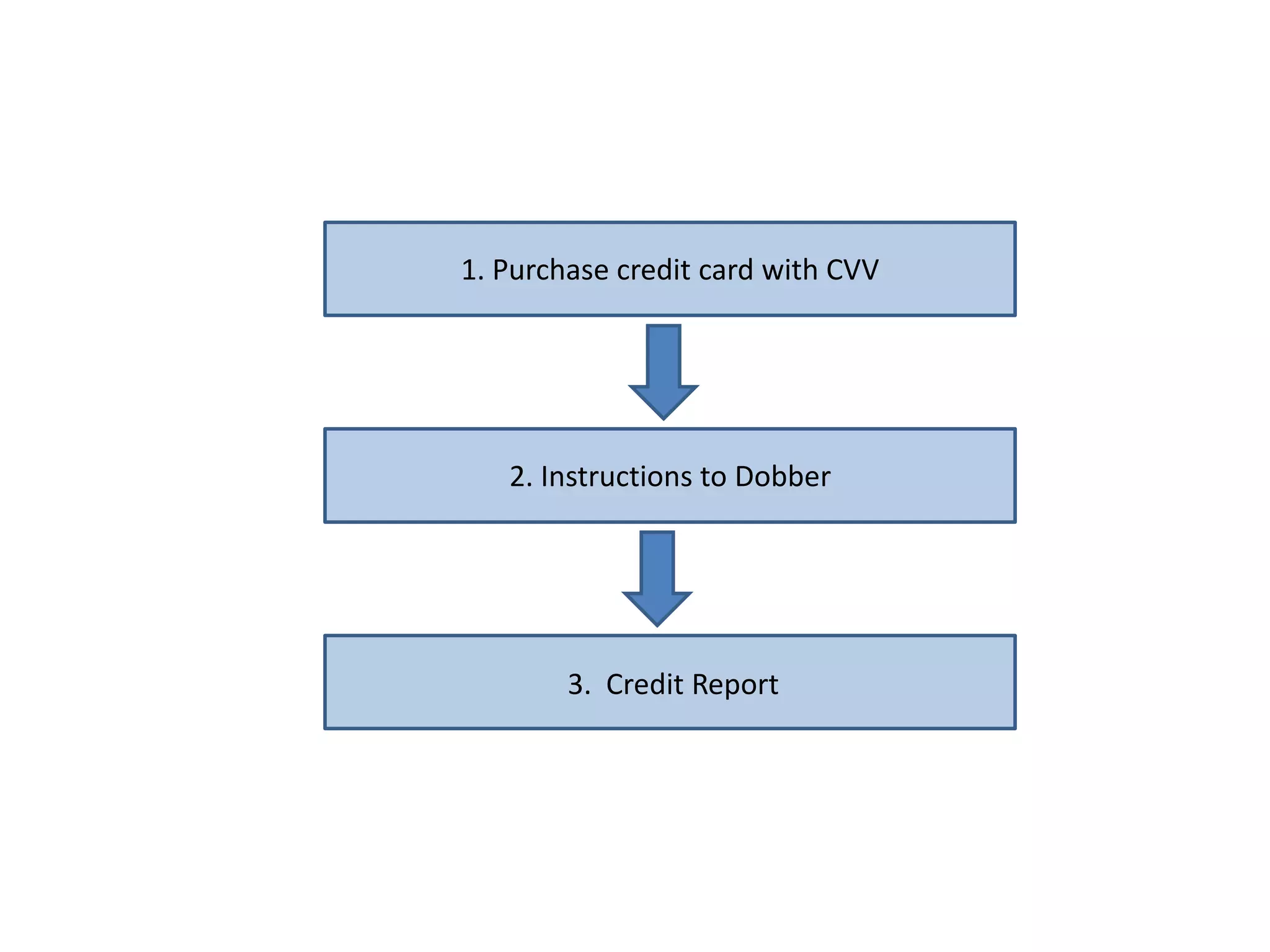 1. Purchase credit card with CVV 
2. Instructions to Dobber 
3. Credit Report  