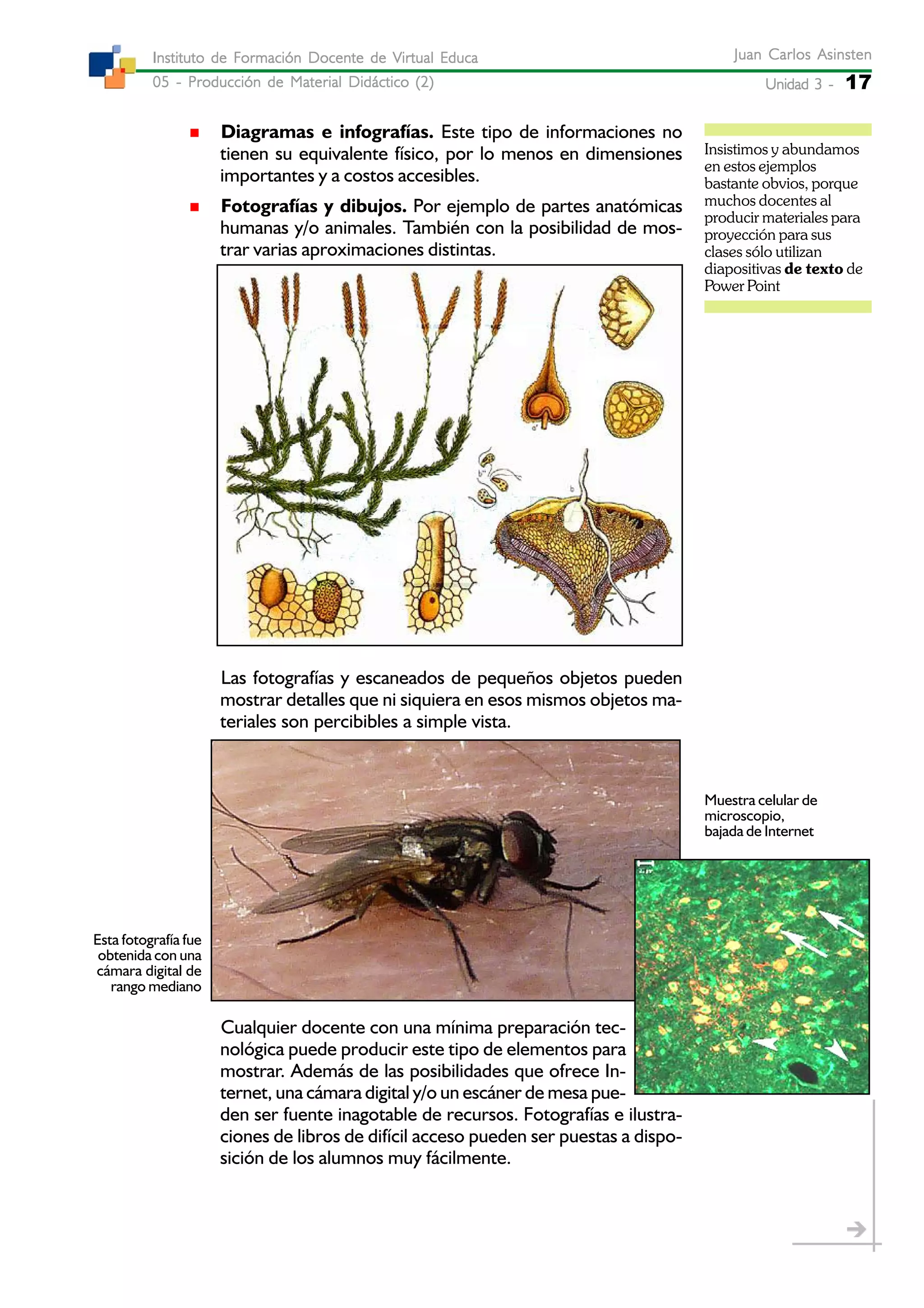 Unidad 3 -Unidad 3 -Unidad 3 -Unidad 3 -Unidad 3 - 17
Juan Carlos AsinstenJuan Carlos AsinstenJuan Carlos AsinstenJuan Carlos AsinstenJuan Carlos Asinsten
05 - Producción de Material Didáctico (2)05 - Producción de Material Didáctico (2)05 - Producción de Material Didáctico (2)05 - Producción de Material Didáctico (2)05 - Producción de Material Didáctico (2)
Instituto de Formación Docente de Virtual EducaInstituto de Formación Docente de Virtual EducaInstituto de Formación Docente de Virtual EducaInstituto de Formación Docente de Virtual EducaInstituto de Formación Docente de Virtual Educa
Diagramas e infografías. Este tipo de informaciones no
tienen su equivalente físico, por lo menos en dimensiones
importantes y a costos accesibles.
Fotografías y dibujos. Por ejemplo de partes anatómicas
humanas y/o animales. También con la posibilidad de mos-
trar varias aproximaciones distintas.
Las fotografías y escaneados de pequeños objetos pueden
mostrar detalles que ni siquiera en esos mismos objetos ma-
teriales son percibibles a simple vista.
Cualquier docente con una mínima preparación tec-
nológica puede producir este tipo de elementos para
mostrar. Además de las posibilidades que ofrece In-
ternet, una cámara digital y/o un escáner de mesa pue-
den ser fuente inagotable de recursos. Fotografías e ilustra-
ciones de libros de difícil acceso pueden ser puestas a dispo-
sición de los alumnos muy fácilmente.
Insistimos y abundamos
en estos ejemplos
bastante obvios, porque
muchos docentes al
producir materiales para
proyección para sus
clases sólo utilizan
diapositivas de texto de
Power Point
Esta fotografía fue
obtenida con una
cámara digital de
rango mediano
Muestra celular de
microscopio,
bajada de Internet
 