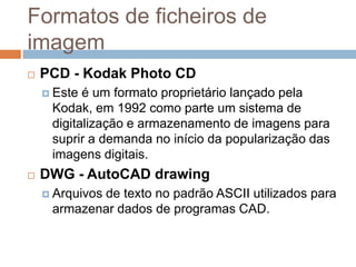 Formatos de ficheiros de
imagem
 PCD - Kodak Photo CD
 Este é um formato proprietário lançado pela
Kodak, em 1992 como parte um sistema de
digitalização e armazenamento de imagens para
suprir a demanda no início da popularização das
imagens digitais.
 DWG - AutoCAD drawing
 Arquivos de texto no padrão ASCII utilizados para
armazenar dados de programas CAD.
 
