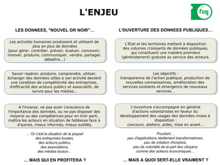 L'ENJEU
    LES DONNEES, "NOUVEL OR NOIR"…                      L'OUVERTURE DES DONNEES PUBLIQUES…

 Les activités humaines produisent et utilisent de
  Les activités humaines produisent et utilisent de        L'Etat et les territoires mettent ààdisposition
                                                            L'Etat et les territoires mettent disposition
              plus en plus de données
               plus en plus de données                    des volumes croissants de données publiques,
                                                           des volumes croissants de données publiques,
(pour gérer, contrôler, prévoir, évaluer, concevoir,
 (pour gérer, contrôler, prévoir, évaluer, concevoir,          qui constituent une matière première
                                                                qui constituent une matière première
innover, produire, communiquer, vendre, partager,
 innover, produire, communiquer, vendre, partager,       (généralement) gratuite au service des acteurs.
                                                          (généralement) gratuite au service des acteurs.
                     débattre…)
                      débattre…)


  Savoir repérer, produire, comprendre, utiliser,
   Savoir repérer, produire, comprendre, utiliser,                         Les objectifs : :
                                                                            Les objectifs
échanger des données utiles ààson activité devient
 échanger des données utiles son activité devient       transparence de l'action publique, production de
                                                         transparence de l'action publique, production de
  une condition de compétitivité des entreprises,
   une condition de compétitivité des entreprises,          nouvelles connaissances, amélioration des
                                                             nouvelles connaissances, amélioration des
 d'efficacité des acteurs publics et associatifs, de
  d'efficacité des acteurs publics et associatifs, de     services existants et émergence de nouveaux
                                                           services existants et émergence de nouveaux
              survie pour les médias…
               survie pour les médias…                                       services…
                                                                              services…



       A l'inverse, ne pas avoir conscience de
        A l'inverse, ne pas avoir conscience de              L'ouverture s'accompagne en général
                                                              L'ouverture s'accompagne en général
l'importance des données, ou ne pas disposer des
  l'importance des données, ou ne pas disposer des            d'actions volontaristes en faveur du
                                                               d'actions volontaristes en faveur du
  moyens ou des compétences pour en tirer parti,
    moyens ou des compétences pour en tirer parti,      développement des usages des données mises àà
                                                         développement des usages des données mises
mettra les acteurs en situation de faiblesse face àà
  mettra les acteurs en situation de faiblesse face                       disposition : :
                                                                            disposition
      d'autres, mieux informés, mieux outillés.
       d'autres, mieux informés, mieux outillés.           concours, ateliers, aides, mise en avant…
                                                            concours, ateliers, aides, mise en avant…

          … Or c'est la situation de la plupart                               Pourtant…
              des entreprises locales,                      peu d'applications réellement transformatrices,
                 des acteurs publics,                                 peu de création d'emplois,
                  des associations,                            peu de notoriété de la part des citoyens
                des médias locaux…                               comme des acteurs économiques…

        … MAIS QUI EN PROFITERA ?                        … MAIS A QUOI SERT-ELLE VRAIMENT ?
 