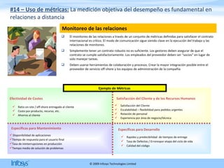 #14 – Uso de métricas:  La medición objetiva del desempeño es fundamental en relaciones a distancia Monitoreo de las relaciones Específicas  para  Mantenimiento Disponibilidad de aplicaciones Tiempo de respuesta para el usuario final Tasa de ininterrupciones en producción Tiempo medio de solución de problemas Efectividad de Costes Ratio on-site / off-shore entregado al cliente Costo por producto, recurso, etc. Ahorros al cliente Satisfacción del Cliente y de los Recursos Humanos Satisfacción del Cliente Escalabilidad – flexibilidad para pedidos urgentes Rotación de personal Experiencia por área de negocio/técnica Específicas para Desarrollo Rapidez y predecibilidad  de tiempos de entrega Tasa de Defectos / Errorespor etapa del ciclo de vida Calidad del código Ejemplo de Métricas  El monitoreo de las relaciones a través de un conjunto de métricas definidas para satisfacer el contrato internacional es crítico. El modo de comunicación sigue siendo clave en la ejecución del trabajo y las relaciones de monitoreo. Simplemente tener un contrato robusto no es suficiente. Los gestores deben asegurar de que el contrato se cumple satisfactoriamente. Los empleados del proveedor deben ser “socios” en lugar de solo manejar tareas.  Deben usarse herramientas de colaboración y procesos. Crear la mayor integración posible entre el proveedor de servicio off-shore y los equipos de administración de la compañía 