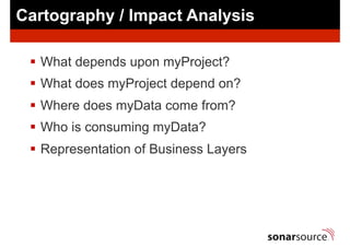Cartography / Impact Analysis
§  What depends upon myProject?
§  What does myProject depend on?
§  Where does myData co...