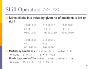 Shift Operators >> <<
 Move all bits in a value by given no of positions to left or
right
10011011 01110110 10010011
>> 1 >> 3 >> 3
01001101 00001110 00010010
10011011 01110110
<<1 <<3
00110110 10110000
 Multiply by powers of 2 – value << n (value * 2n)
 e.g., 4 << 3 ; (4 * 8) =32
 Divide by powers of 2 – value >>=n (value / 2n)
 e.g., 75 >> 4; 75 / 16 =4
32
 