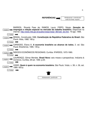6



                                                  REFERÊNCIAS                Alinhamento: centralizado
                                                                              estilo da fonte: negrito




                  BARROS,. Ricardo Paes de; RAMOS, Lauro; FIRPO, Sérgio. Geração de
simples           empregos e relação espacial no mercado de trabalho brasileiro. Disponível na
                  internet. http://www.mtb.gov.br/public/notas/nota2_98/not2_idx.htm. 19 ago. 1998.
      1,5 linha

simples           BRASIL. Constituição 1988. Constituição da República Federativa do Brasil. São
                  Paulo: Atlas, 1988. 180 p.
      1,5 linha

simples           CARDOSO, Eliana A. A economia brasileira ao alcance de todos. 2. ed. São
                  Paulo: Brasiliense, 1985. 135 p.
      1,5 linha

simples         ÍNDICES    ECONÔMICOS REGIONAIS. Curitiba: IPARDES, 1973-1980.
      1,5 linha
                  LOURENÇO, Gilmar Mendes. Brasil Novo: seis meses e perspectivas. Indústria &
simples           Comércio, Curitiba, 28 set. 1990. p.23.
      1,5 linha
                  VISÃO. Quem é quem na economia brasileira. São Paulo: Visão, v. 38, n. 36, set.
simples
                  1989. 425 p.
      1,5 linha



                                                  Alinhamento: justificado
 