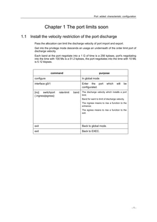 Port added characteristic configuration



                Chapter 1 The port limits soon
1.1   Install the velocity restriction of the port discharge
        Pass the allocation can limit the discharge velocity of port import and export.
        Get into the privilege mode descends an usage an underneath of the order limit port of
        discharge velocity.
        Each band at the port negotiate into a 1 G of time is a 256 kpbses, port's negotiating
        into the time with 100 Ms is a 51.2 kpbses, the port negotiates into the time with 10 Ms
        is 5.12 kbpses.



                         command                                    purpose

        configure                                 In global mode
        interface g0/1                            Enter the port            which     will    be
                                                  configurated.
        [no]    switchport   rate-limit   band    The discharge velocity which installs a port
        { ingress|egress}                         limit.
                                                  Band for want to limit of discharge velocity.
                                                  The ingress means to rise a function to the
                                                  entrance;
                                                  The egress means to rise a function to the
                                                  exit.




        exit                                      Back to global mode.
        exit                                      Back to EXEC.




                                                                                                   -1-
 