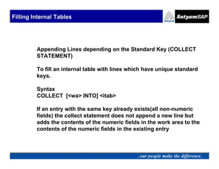 Filling Internal Tables




         Appending Lines depending on the Standard Key (COLLECT
         STATEMENT)

         To fill an internal table with lines which have unique standard
         keys.

         Syntax
         COLLECT [<wa> INTO] <itab>

         If an entry with the same key already exists(all non-numeric
         fields) the collect statement does not append a new line but
         adds the contents of the numeric fields in the work area to the
         contents of the numeric fields in the existing entry
 