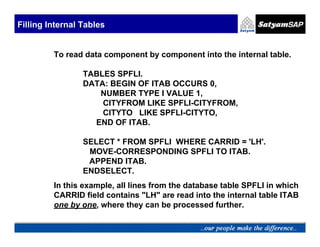 Filling Internal Tables


         To read data component by component into the internal table.

                 TABLES SPFLI.
                 DATA: BEGIN OF ITAB OCCURS 0,
                    NUMBER TYPE I VALUE 1,
                     CITYFROM LIKE SPFLI-CITYFROM,
                     CITYTO LIKE SPFLI-CITYTO,
                   END OF ITAB.

                 SELECT * FROM SPFLI WHERE CARRID = 'LH'.
                  MOVE-CORRESPONDING SPFLI TO ITAB.
                  APPEND ITAB.
                 ENDSELECT.
         In this example, all lines from the database table SPFLI in which
         CARRID field contains "LH" are read into the internal table ITAB
         one by one, where they can be processed further.
 