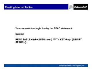 Reading Internal Tables




        You can select a single line by the READ statement:

        Syntax:

        READ TABLE <itab> [INTO <wa>] WITH KEY<key> [BINARY
        SEARCH].
 