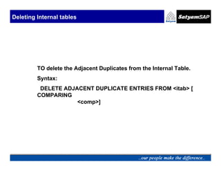 Deleting Internal tables




         TO delete the Adjacent Duplicates from the Internal Table.
         Syntax:
          DELETE ADJACENT DUPLICATE ENTRIES FROM <itab> [
         COMPARING
                     <comp>]
 