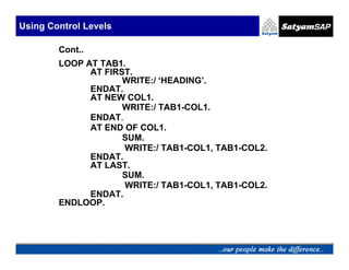Using Control Levels

        Cont..
        LOOP AT TAB1.
              AT FIRST.
                     WRITE:/ ‘HEADING’.
              ENDAT.
              AT NEW COL1.
                     WRITE:/ TAB1-COL1.
              ENDAT.
              AT END OF COL1.
                     SUM.
                     WRITE:/ TAB1-COL1, TAB1-COL2.
              ENDAT.
              AT LAST.
                     SUM.
                     WRITE:/ TAB1-COL1, TAB1-COL2.
              ENDAT.
        ENDLOOP.
 
