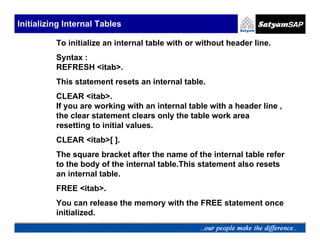 Initializing Internal Tables

          To initialize an internal table with or without header line.
          Syntax :
          REFRESH <itab>.
          This statement resets an internal table.
          CLEAR <itab>.
          If you are working with an internal table with a header line ,
          the clear statement clears only the table work area
          resetting to initial values.
          CLEAR <itab>[ ].
          The square bracket after the name of the internal table refer
          to the body of the internal table.This statement also resets
          an internal table.
          FREE <itab>.
          You can release the memory with the FREE statement once
          initialized.
 