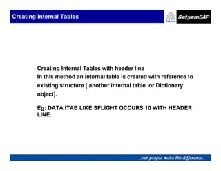 Creating Internal Tables




         Creating Internal Tables with header line
         In this method an internal table is created with reference to
         existing structure ( another internal table or Dictionary
         object).

         Eg: DATA ITAB LIKE SFLIGHT OCCURS 10 WITH HEADER
         LINE.
 