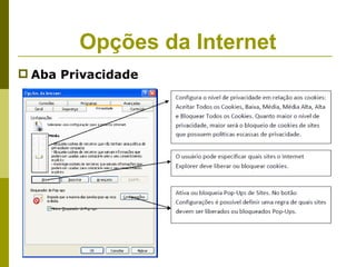 Opções da Internet
 Aba Privacidade
 
