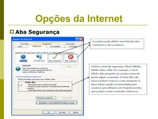 Opções da Internet
 Aba Segurança
 