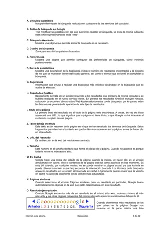 A. Vínculos superiores
        Nos permiten repetir la búsqueda realizada en cualquiera de las servicios del buscador.

 B. Botón de búsqueda en Google
        Tras modificar las palabras con las que queremos realizar la búsqueda, se inicia la misma pulsando
        este botón o presionando la tecla "Intro"

 C. Búsqueda Avanzada
        Muestra una página que permite acotar la búsqueda si es necesario.

 D. Cuadro de búsqueda
        Zona para escribir las palabras buscadas.

 E. Preferencias
         Muestra una página que permite configurar las preferencias de búsqueda, como veremos
         posteriormente.

 F. Barra de estadísticas
         Muestra una descripción de la búsqueda, indica el número de resultados encontrados y la posición
         de los que se muestran dentro del listado general, así como el tiempo que se tardó en completar la
         búsqueda.

 G. Sugerencia
        Información que ayuda a realizar una búsqueda más efectiva basándose en la búsqueda que se
        acaba de efectuar.

 H. Resultados OneBox
        Básicamente se trata de un acceso resumido a los resultados que brindaría la misma consulta si se
        hubiera realizado en el nuevo servicio News. En general los resultados OneBox incluyen noticias,
        cotización de acciones, clima y sitios Web locales relacionados con la búsqueda, por lo que no todas
        las búsquedas generarán la aparición de este tipo de resultados.

 I. Título de la página
          La primera línea del resultado es el título de la página web encontrada. A veces, en vez del título
          aparecerá una URL, lo que significa que la página no tiene título, o que Google no ha indexado el
          contenido completo de esa página.

 J. Texto debajo del título
         Este texto es un resumen de la página en el que se han resaltado los términos de búsqueda. Estos
         fragmentos permiten ver el contexto en que los términos aparecen en la página, antes de hacer clic
         en el resultado.

 K. URL del resultado
        Es la dirección en la web del resultado encontrado.

 L. Tamaño
        Este número es el tamaño del texto que forma el código de la página. Cuando no aparece es porque
        todavía no se ha indexado el sitio.

 M. En Caché
        Google hace una copia del estado de la página cuando la indexa. Al hacer clic en el vínculo
        almacenado en caché, verá el contenido de la página web tal como aparecía en ese momento. Es
        muy útil cuando, por cualquier motivo, no se puede mostrar la página actual, ya que todavía se
        puede obtener la versión en caché y encontrar la información buscada. Los términos de la búsqueda
        aparecen resaltados en la versión almacenada en caché. Lógicamente puede ocurrir que la versión
        en caché no coincida totalmente con la versión más actualizada.

 N. Páginas similares
        Cuando selecciona el vínculo Páginas similares para un resultado en particular, Google busca
        automáticamente páginas en la web que estén relacionadas con este resultado.

 O. Resultado jerarquizado
        Cuando Google encuentra más de un resultado en el mismo sitio web, muestra primero el más
        relevante y las otras páginas relevantes del mismo sitio web aparecen escalonadas debajo de él.

                                                                 Cuando obtenemos más resultados de los
                                                                 que caben en la página Google nos
                                                                 muestra en la parte inferior una lista


Internet, aula abierta                         Búsquedas                                           6 de 32
 
