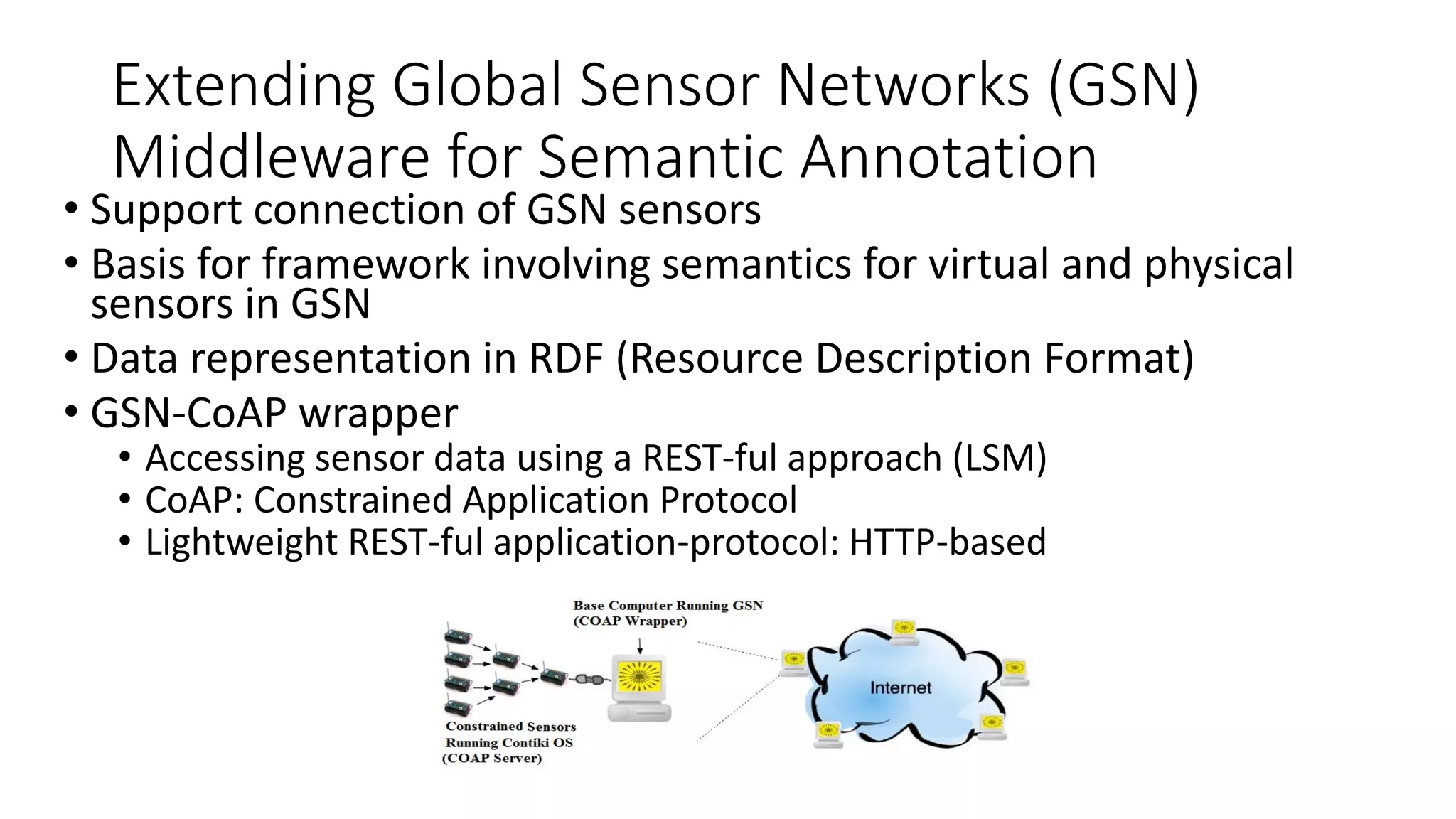 Extending Global Sensor Networks (GSN)
Middleware for Semantic Annotation
• Support connection of GSN sensors
• Basis for framework involving semantics for virtual and physical
sensors in GSN
• Data representation in RDF (Resource Description Format)
• GSN-CoAP wrapper
• Accessing sensor data using a REST-ful approach (LSM)
• CoAP: Constrained Application Protocol
• Lightweight REST-ful application-protocol: HTTP-based
 