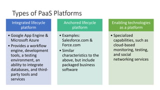 Types of PaaS Platforms
Integrated lifecycle
platform
• Google App Engine &
Microsoft Azure
• Provides a workflow
engine, development
tools, a testing
environment, an
ability to integrate
databases, and third-
party tools and
services
Anchored lifecycle
platform
• Examples:
Salesforce.com &
Force.com
• Similar
characteristics to the
above, but include
packaged business
software
Enabling technologies
as a platform
• Specialized
capabilities, such as
cloud-based
monitoring, testing,
and social
networking services
 