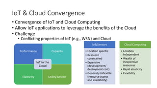 IoT & Cloud Convergence
• Convergence of IoT and Cloud Computing
• Allow IoT applications to leverage the benefits of the Cloud
• Challenge
• Conflicting properties of IoT (e.g., WSN) and Cloud
Performance Capacity
Elasticity Utility-Driven
IoT in the
Cloud
IoT/Sensors
• Location specific
• Resource
constrained
• Expensive
(development/
deployment cost)
• Generally inflexible
(resource access
and availability)
Cloud Computing
• Location
independent
• Wealth of
inexpensive
resources
• Rapid elasticity
• Flexibility
 