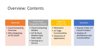 Overview: Contents
Rationale
• Cloud Computing
Overview
• Why Integrating
IoT & Cloud?
IoT & Cloud
Integration Models
• Cloud Computing
Models
• IoT & Cloud
Models (IaaS,
PaaS, SaaS)
• Sensing-as-a-
Service
Edge/Fog
Computing
• Motivation
• IoT Edge
Functionalities
• Taxonomy of
Applications
Examples
• Popular Public IoT
Cloud Providers
• Analysis of
Architecture and
Functionalities
 