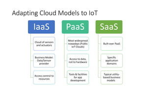 Adapting Cloud Models to IoT
IaaS
Cloud of sensors
and actuators
Business Model:
Data/Sensor
provider
Access control to
resources
PaaS
Most widespread
nowadays (Public
IoT Clouds)
Access to data,
not to hardware
Tools & facilities
for app
development
SaaS
Built over PaaS
Specific
application
domains
Typical utility-
based business
models
 