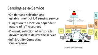 Sensing-as-a-Service
• On demand selection and
establishment of IoT sensing service
• Hinges on the location dependent
nature of IoT resources
• Dynamic selection of sensors &
devices used to deliver the service
• IoT & Utility Computing
Convergence
Source: www.openiot.eu
 