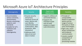 Microsoft Azure IoT Architecture Principles
Heterogeneity
• Accommodates
various scenarios,
environments,
devices, processing
patterns, and
standards
• Suitable for IoT’s
hardware and
software
heterogeneity
Security
• Ensures security
and privacy
measures across all
areas, (device and
user identity,
authentication and
authorization, data
protection, data
attestation)
• Addresses both
data at rest and
data in motion
Hyper-scale
deployments
• Supports millions of
connected devices
• Supports the
transition (scale-
out) of small
projects to hyper-
scale dimensions
Flexibility
• Principle of
composability
based on extension
points and the
usage of various
first-party or third-
party technologies
• High-scale, event-
driven architecture
with brokered
communication
• Loosely coupled
composition of
services and
processing modules
 
