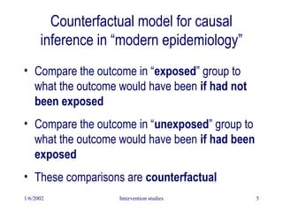 1/6/2002 Intervention studies 5
Counterfactual model for causal
inference in “modern epidemiology”
• Compare the outcome in “exposed” group to
what the outcome would have been if had not
been exposed
• Compare the outcome in “unexposed” group to
what the outcome would have been if had been
exposed
• These comparisons are counterfactual
 