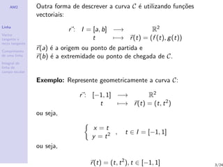 AM2          Outra forma de descrever a curva C ´ utilizando fun¸˜es
                                                    e               co
                 vectoriais:
Linha
                            r : I = [a, b] −→          R2
Vector
tangente e                          t      −→ r (t) = (f (t), g (t))
recta tangente

Comprimento
                 r (a) ´ a origem ou ponto de partida e
                       e
de uma linha     r (b) ´ a extremidade ou ponto de chegada de C.
                       e
Integral de
linha de
campo escalar

                 Exemplo: Represente geometricamente a curva C:

                                r : [−1, 1] −→       R2
                                      t     −→ r (t) = (t, t 2 )
                 ou seja,

                                    x =t
                                           ,     t ∈ I = [−1, 1]
                                    y = t2
                 ou seja,

                                   r (t) = (t, t 2 ), t ∈ [−1, 1]          3/24
 