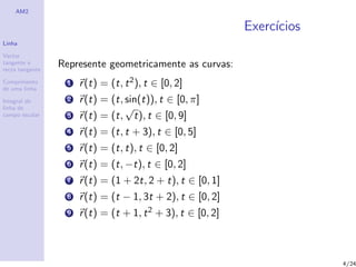 AM2

                                                             Exerc´
                                                                  ıcios
Linha

Vector
tangente e
recta tangente
                 Represente geometricamente as curvas:
Comprimento
de uma linha
                  1   r (t) = (t, t 2 ), t ∈ [0, 2]
Integral de       2   r (t) = (t, sin(t)), t ∈ [0, π]
linha de                          √
campo escalar     3   r (t) = (t, t), t ∈ [0, 9]
                  4   r (t) = (t, t + 3), t ∈ [0, 5]
                  5   r (t) = (t, t), t ∈ [0, 2]
                  6   r (t) = (t, −t), t ∈ [0, 2]
                  7   r (t) = (1 + 2t, 2 + t), t ∈ [0, 1]
                  8   r (t) = (t − 1, 3t + 2), t ∈ [0, 2]
                  9   r (t) = (t + 1, t 2 + 3), t ∈ [0, 2]



                                                                          4/24
 