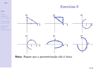 AM2

                                                     Exerc´
                                                          ıcios II
Linha

Vector
tangente e
recta tangente

Comprimento
de uma linha

Integral de
linha de
campo escalar




                 Nota: Repare que a parametriza¸˜o n˜o ´ unica.
                                               ca a e ´


                                                                     8/24
 