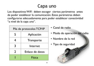 Capa uno 
Los dispositivos WiFi deben escoger ciertos parámetros antes 
de poder establecer la comunicación. Estos parámetros deben 
configurarse adecuadamente para poder establecer conectividad 
“a nivel de la capa uno”. 
Pila de protocolos TCP/IP 
5 Aplicación 
4 Transporte 
3 Internet 
2 Enlace de datos 
1 Física 
• Canal de radio 
• Modo de operación del radio 
• Nombre de la red 
• Tipo de seguridad 
8 
 