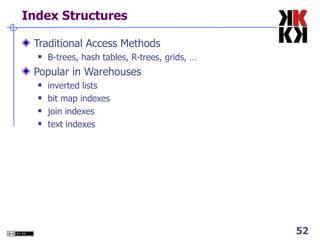 Index Structures Traditional Access Methods B-trees, hash tables, R-trees, grids, … Popular in Warehouses inverted lists bit map indexes join indexes text indexes 