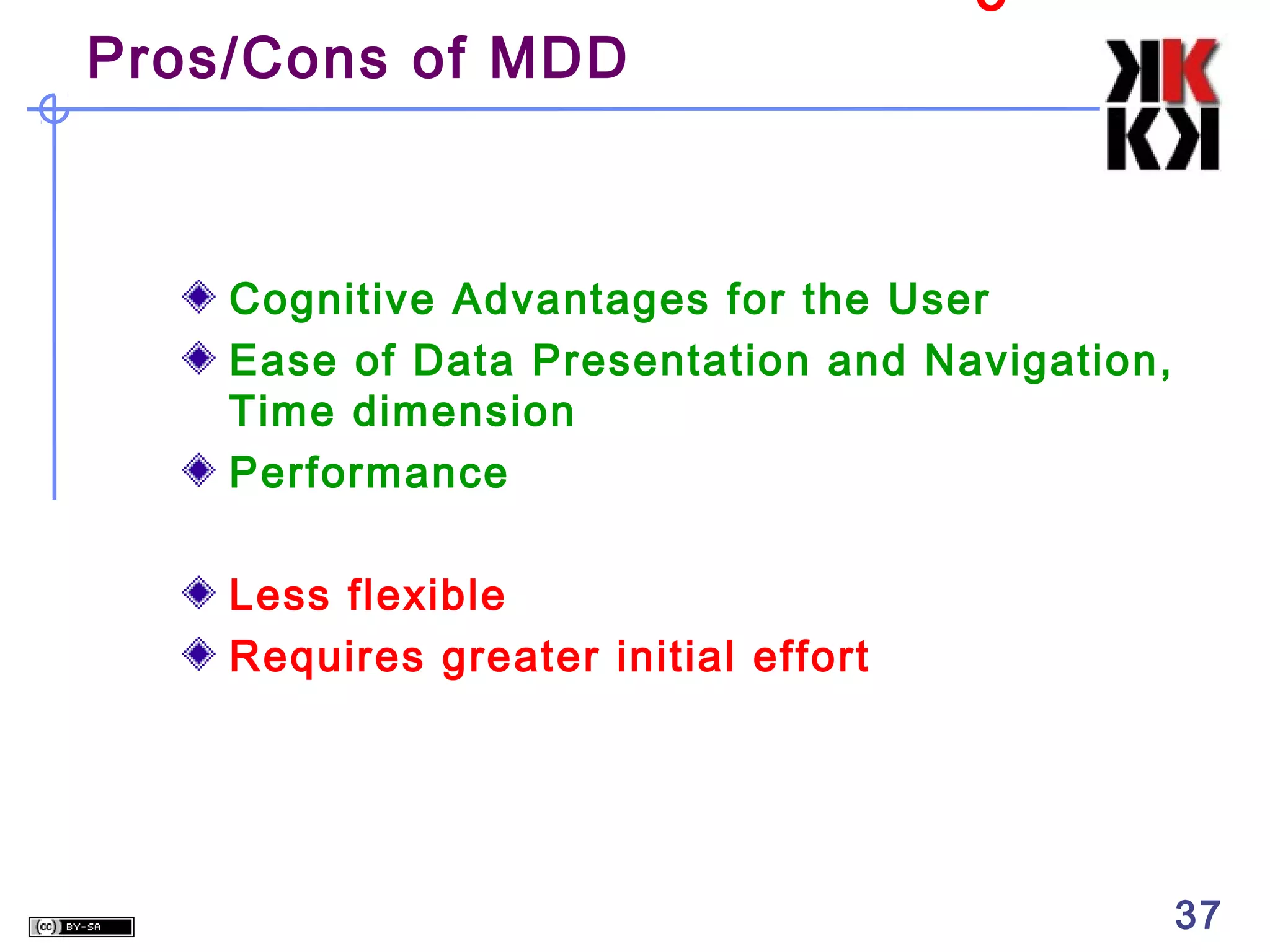 Pros/Cons of MDD

5

Cognitive Advantages for the User
Ease of Data Presentation and Navigation,
Time dimension
Performance
Less flexible
Requires greater initial effort

37

 