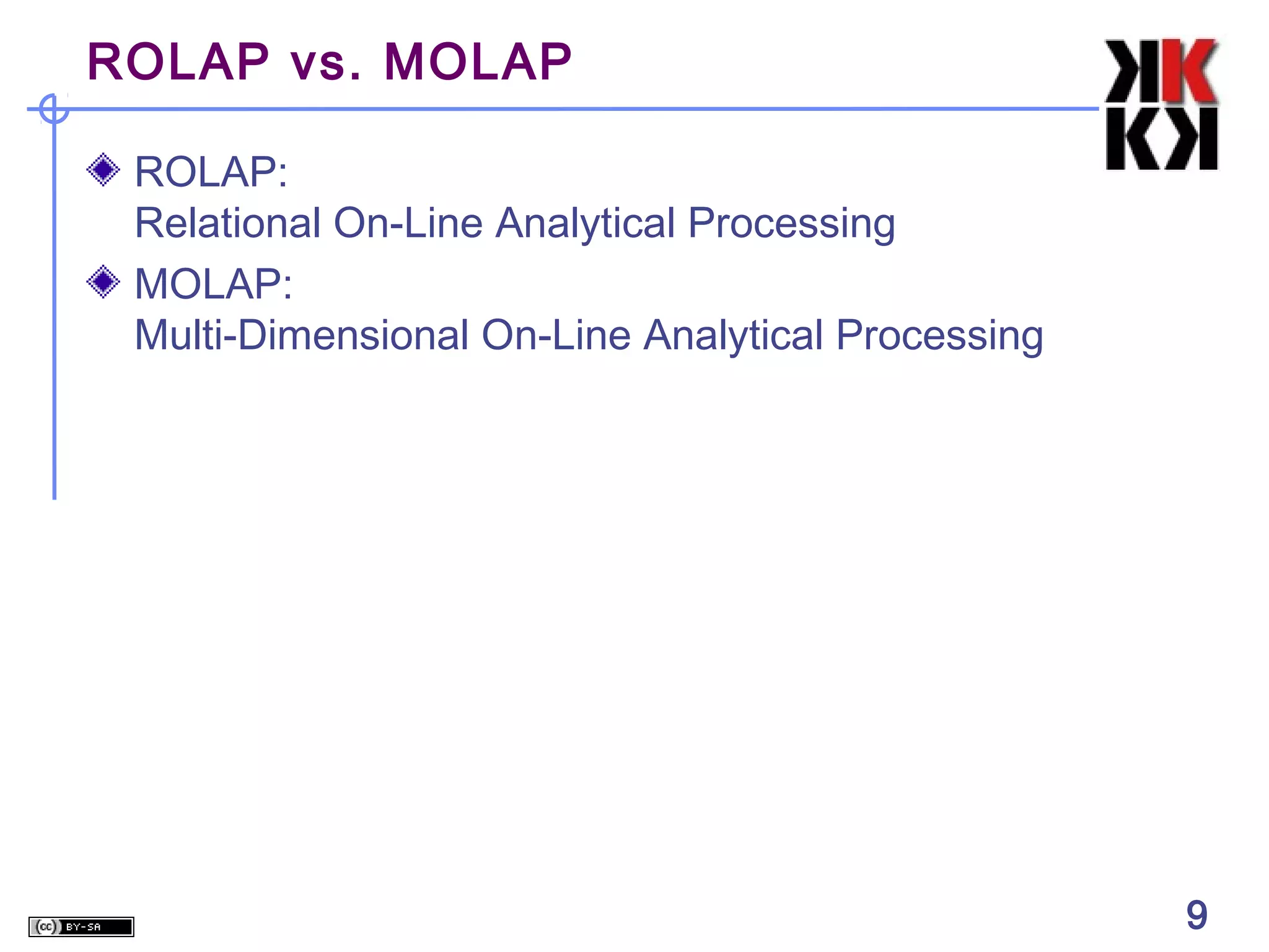 ROLAP vs. MOLAP
ROLAP:
Relational On-Line Analytical Processing
MOLAP:
Multi-Dimensional On-Line Analytical Processing

9

9

 