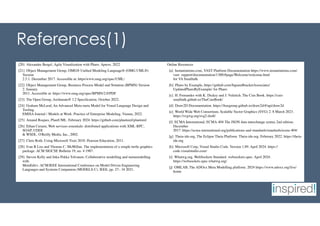 References(1)
[20] Alexandre Bergel, Agile Visualization with Pharo. Apress. 2022
[21] Object Management Group, OMG® Unified Modeling Language® (OMG UML®)
Version
2.5.1. December 2017. Accessible at: https/www.omg.org/spec/UML/
[22] Object Management Group, Business Process Model and Notation (BPMN) Version
2. January
2011. Accessible at: https://www.omg.org/spec/BPMN/2.0/PDF
[23] The Open Group, Archimate® 3.2 Specification. October 2022.
[24] Graham McLeod, An Advanced Meta-meta Model for Visual Language Design and
Tooling.
EMISA Journal / Models at Work. Practice of Enterprise Modeling, Vienna, 2022.
[25] Amaud Roques, PlantUML. February 2024. https://github.com/plantuml/plantuml
[26] Ethan Cerami, Web services essentials: distributed applications with XML-RPC,
SOAP, UDDI
& WSDL. O'Reilly Media, Inc., 2002.
[27] Chris Roth, Using Microsoft Visio 2010. Pearson Education, 2011.
[28] Ivan B Liss and Thomas C. McMillan. The implementation of a simple turtle graphics
package. ACM SIGCSE Bulletin 19, no. 4 1987.
[29] Steven Kelly and Juka-Pekka Tolvanen. Collaborative modelling and metamodelling
with
MetaEdit+. ACM/IEEE International Conference on Model Driven Engineering
Languages and Systems Companion (MODELS-C). IEEE, pp. 27– 34 2021.
Online Resources
[a] Instantiations.com, VAST Platform Documentation https://www.instantiations.com/
vast- support/documentation/1300/#page/Welcome/welcome.html
for VA Smalltalk
[b] Pharo by Example, https://github.com/SquareBracketAssociates/
UpdatedPharoByExample/ for Pharo
[c] H. Fernandes with K. Dickey and J. Vuletich. The Cuis Book. https://cuis-
smalltalk.github.io/TheCuisBook/
[d] Draw2D Documentation. https://freegroup.github.io/draw2d/#/api/draw2d
[e] World Wide Web Consortium, Scalable Vector Graphics (SVG) 2. 8 March 2023.
https://svgwg.org/svg2-draft/
[f] ECMA International, ECMA-404 The JSON data interchange syntax 2nd edition.
December
2017. https://ecma-international.org/publications-and-standards/standards/ecma-404/
[g] Theia-ide.org, The Eclipse Theia Platform. Theia-ide.org. February 2022. https://theia-
ide.org
[h] Microsoft Corp, Visual Studio Code. Version 1.89. April 2024. https://
code.visualstudio.com/
[i] Whatwg.org, WebSockets Standard. websockets.spec. April 2024.
https://websockets.spec.whatwg.org/
[j] OMLAB, The ADOxx Meta Modelling platform. 2024 https://www.adoxx.org/live/
home
 
