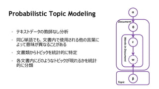 90
Probabilistic Topic Modeling
• テキストデータの教師なし分析
• 同じ単語でも、文書内で使用される他の言葉に
よって意味が異なることがある
• 文書類からトピックを統計的に特定
• 各文書内にどのようなトピックが現れるかを統計
的に分類
 