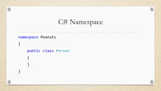 C# Namespace
namespace Peanuts
{
public class Person
{
}
}

 