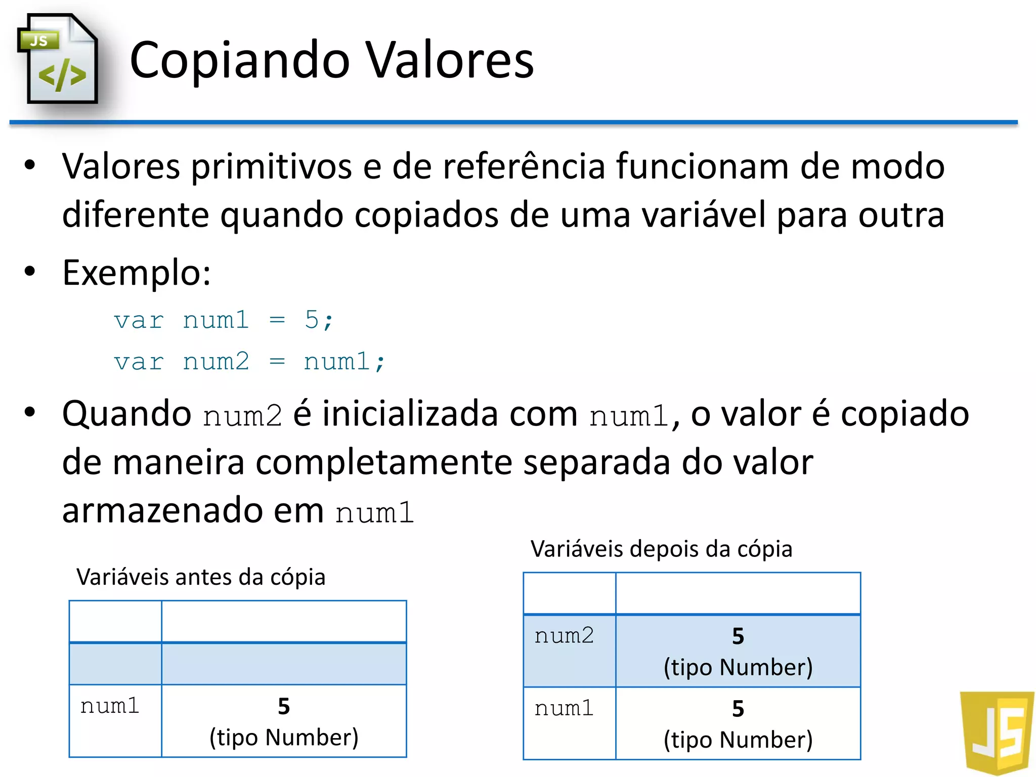 Copiando Valores
• Valores primitivos e de referência funcionam de modo
diferente quando copiados de uma variável para outra
• Exemplo:
var num1 = 5;
var num2 = num1;
• Quando num2 é inicializada com num1, o valor é copiado
de maneira completamente separada do valor
armazenado em num1
num1 5
(tipo Number)
Variáveis antes da cópia
num2 5
(tipo Number)
num1 5
(tipo Number)
Variáveis depois da cópia
 