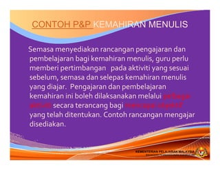 KEMENTERIAN PELAJARAN MALAYSIA
BAHAGIAN PEMBANGUNAN KURIKULUM
KEMENTERIAN PELAJARAN MALAYSIA
BAHAGIAN PEMBANGUNAN KURIKULUM
CONTOH P&P KEMAHIRAN MENULIS
Semasa menyediakan rancangan pengajaran dan
pembelajaran bagi kemahiran menulis, guru perlu
memberi pertimbangan pada aktiviti yang sesuai
sebelum, semasa dan selepas kemahiran menulis
yang diajar.  Pengajaran dan pembelajaran
kemahiran ini boleh dilaksanakan melalui pelbagai
aktiviti secara terancang bagi mencapai objektif
yang telah ditentukan. Contoh rancangan mengajar
disediakan.  
 
